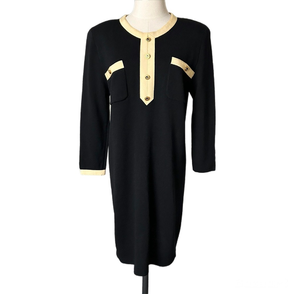 Vintage St. John Santana Knit Black Cream Sheath Dress Gold Logo Buttons Size 10